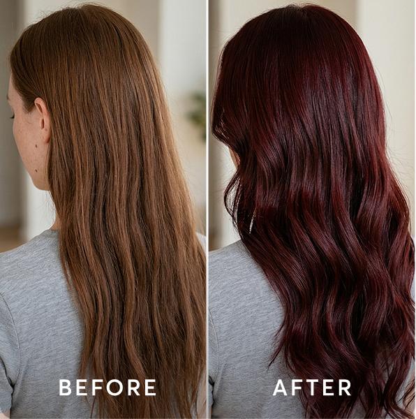 Before After results of all over color with permanent hair color from Madison Reed